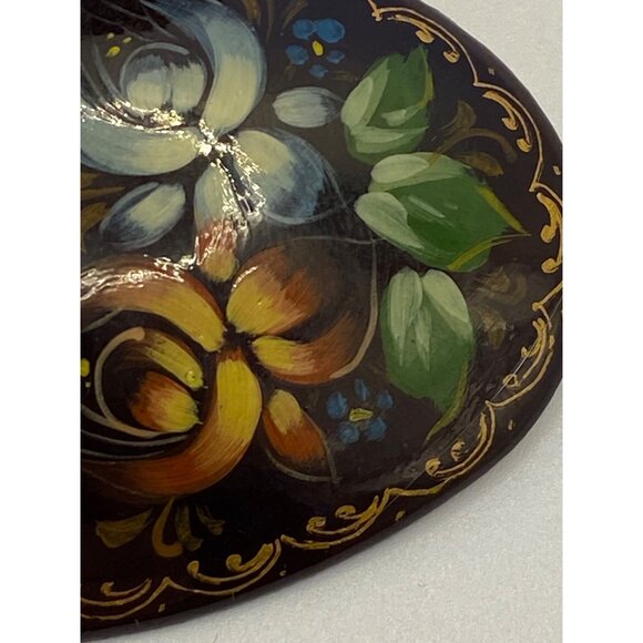 Hand-Painted Russian Floral Brooch & Earrings Set With Rich Glossy Finish - Picture 5 of 12